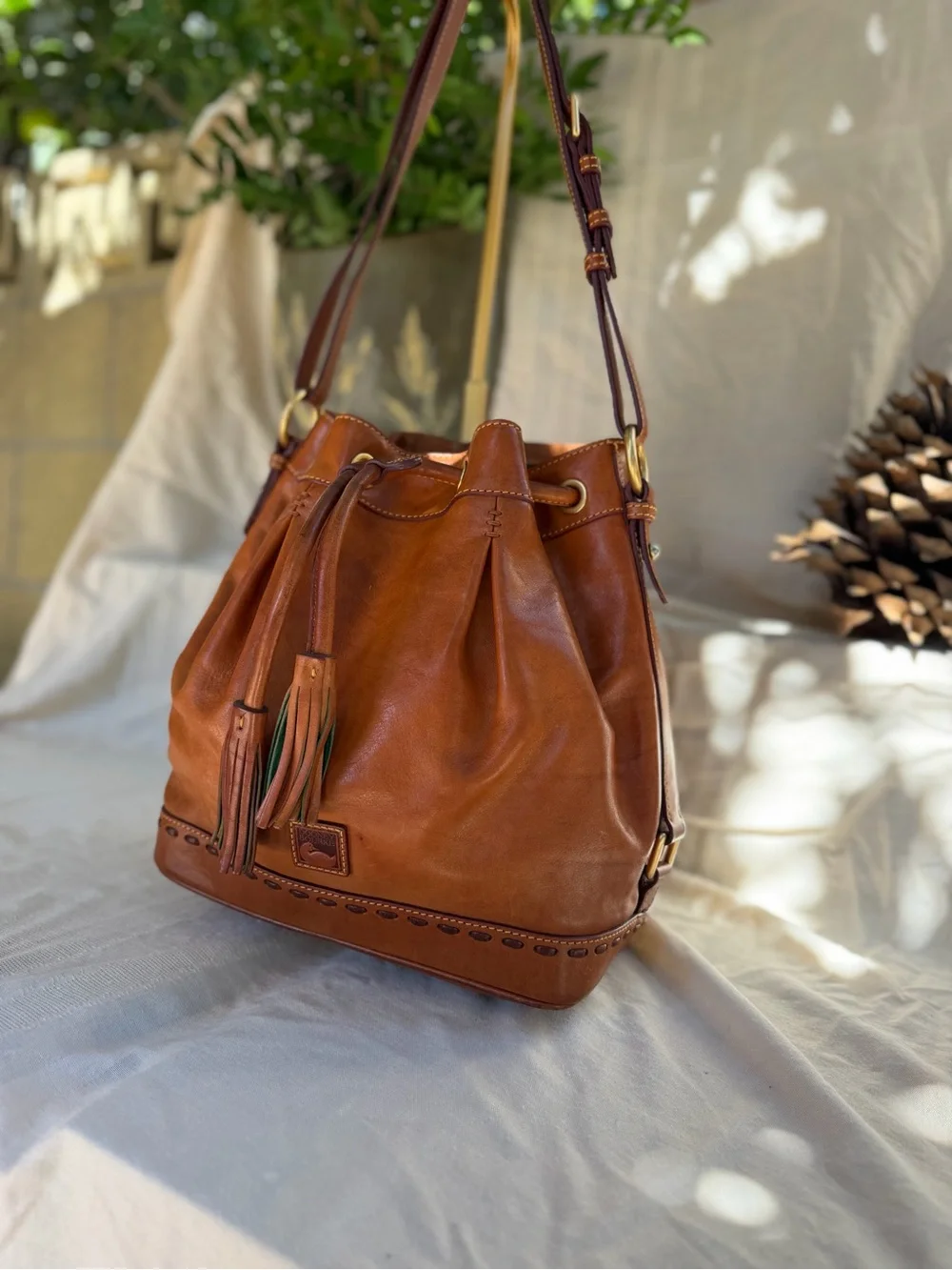 Dooney & Bourke Brown Leather Drawstring Bucket Shoulder Bag